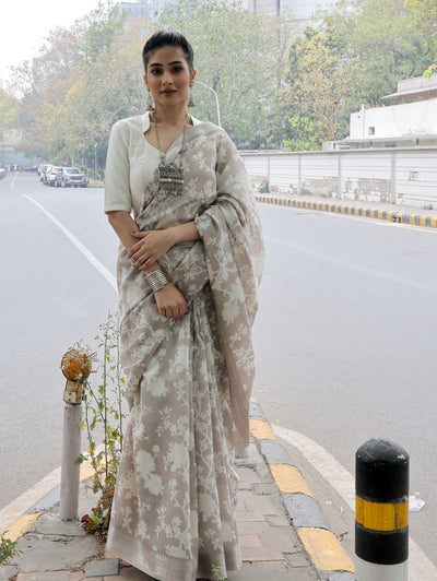 Luna Grey Printed Cotton Saree