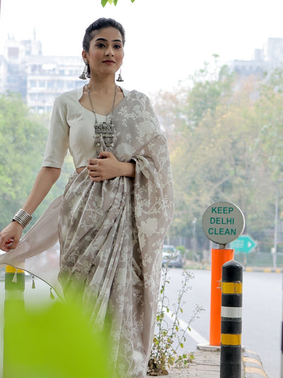 Luna Grey Printed Cotton Saree