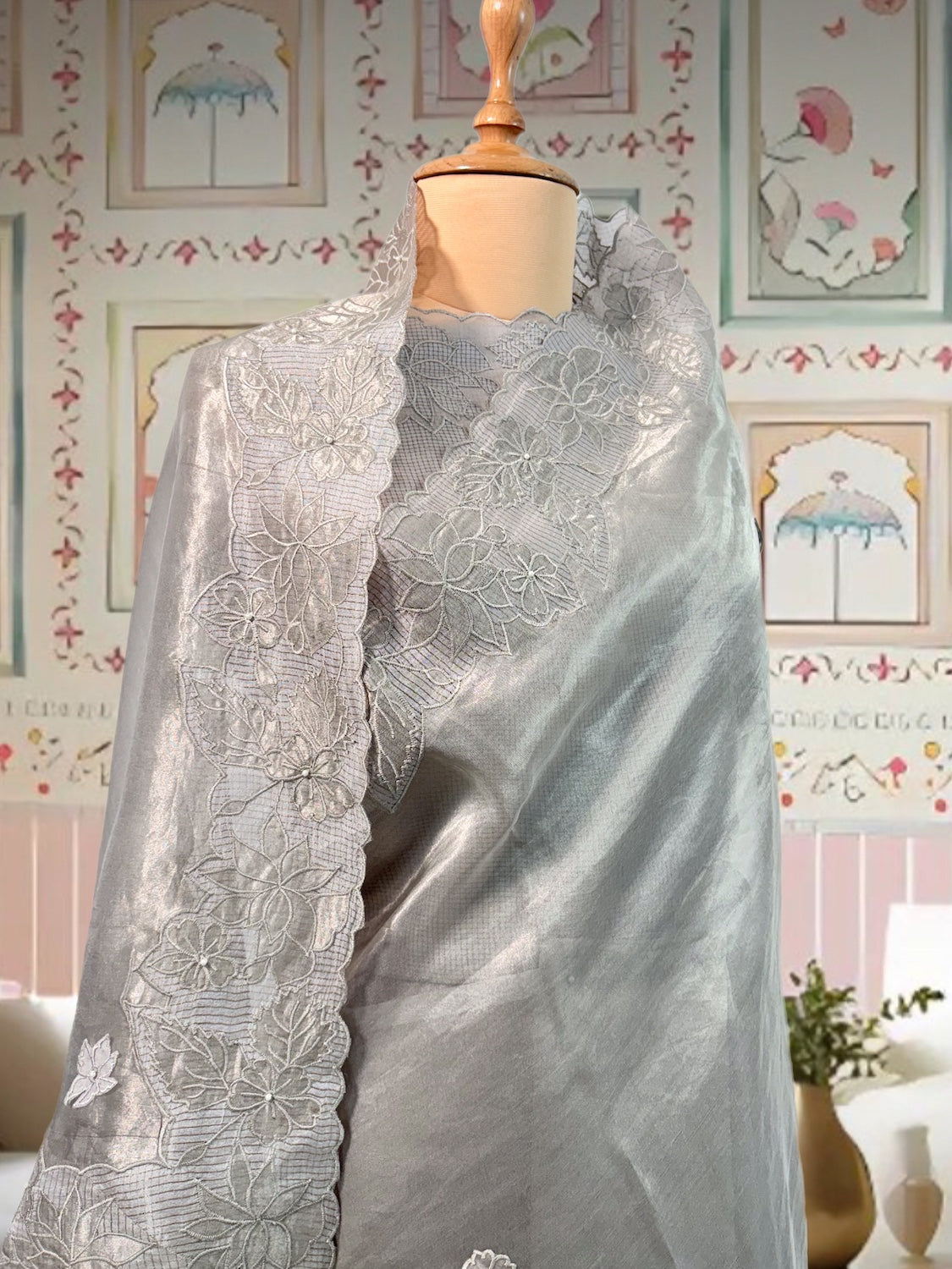St Ives Silver Tissue Cutwork Saree