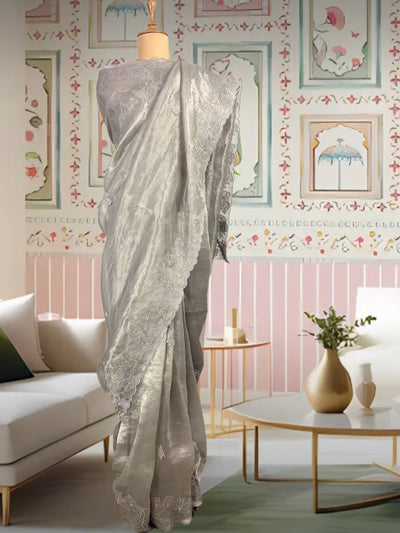 St Ives Silver Tissue Cutwork Saree