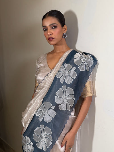 Blooming Hyacinth Silver Tissue Saree