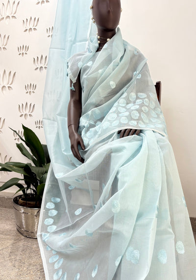 Clare Sky Blue Embroidered Cotton Saree