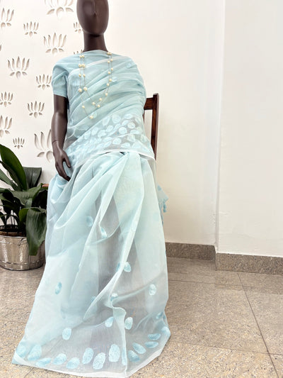 Clare Sky Blue Embroidered Cotton Saree