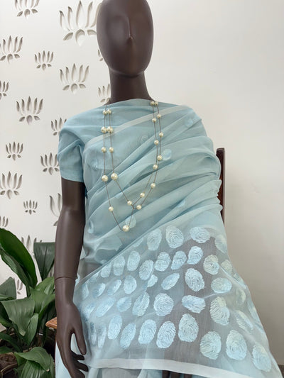Clare Sky Blue Embroidered Cotton Saree