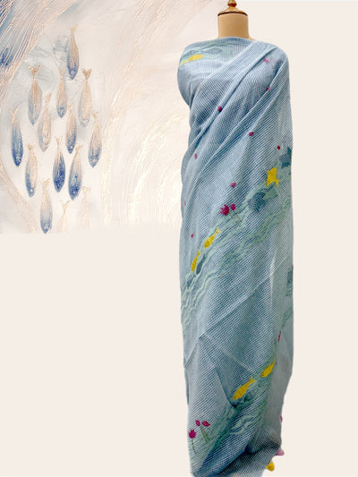 Ocean Waves Blue Embroidered Gamcha Saree