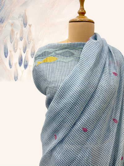 Ocean Waves Blue Embroidered Gamcha Saree