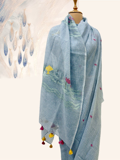 Ocean Waves Blue Embroidered Gamcha Saree