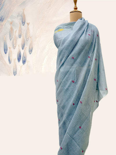 Ocean Waves Blue Embroidered Gamcha Saree