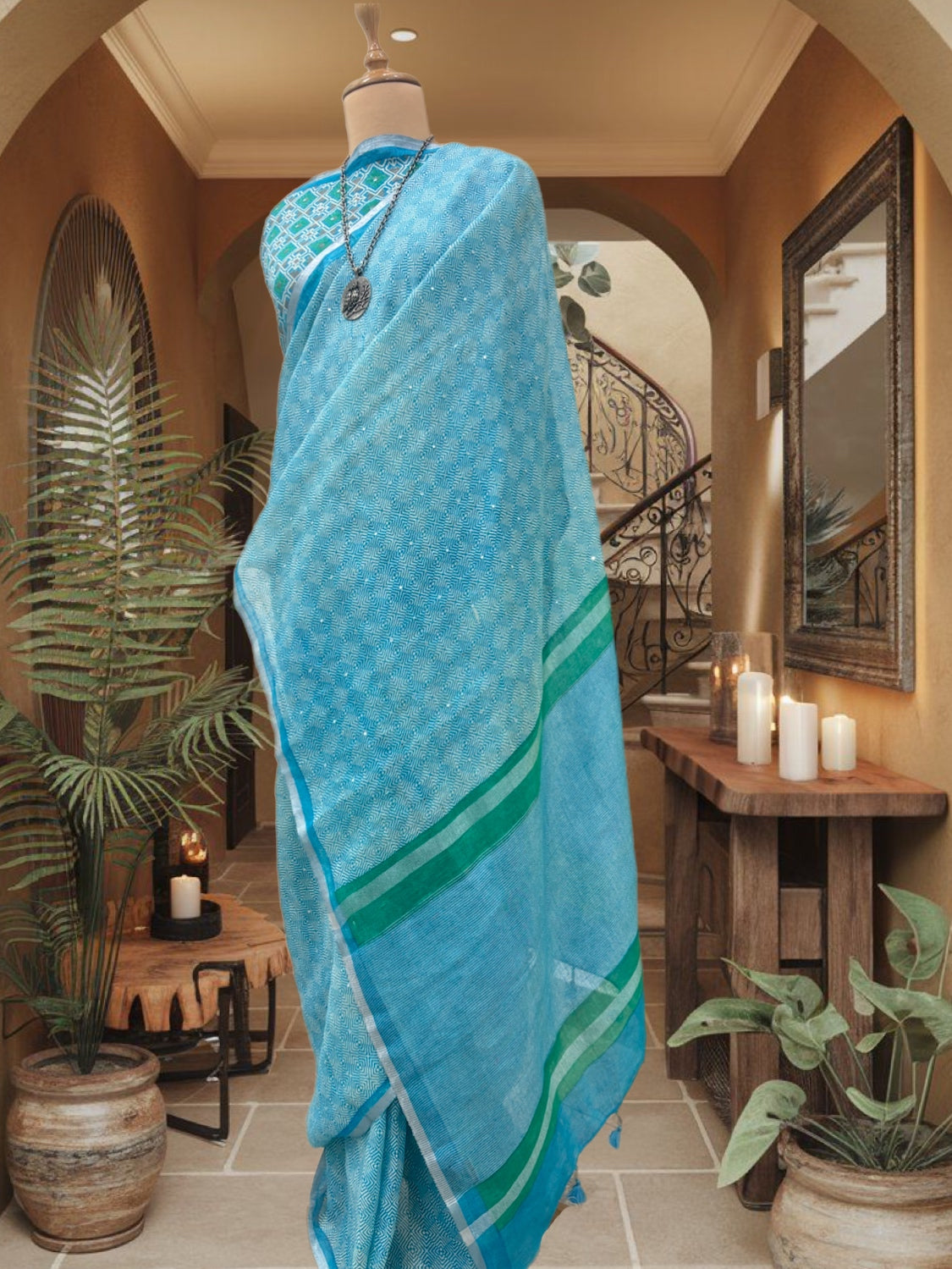 Breezy Sky Blue Printed Linen Saree