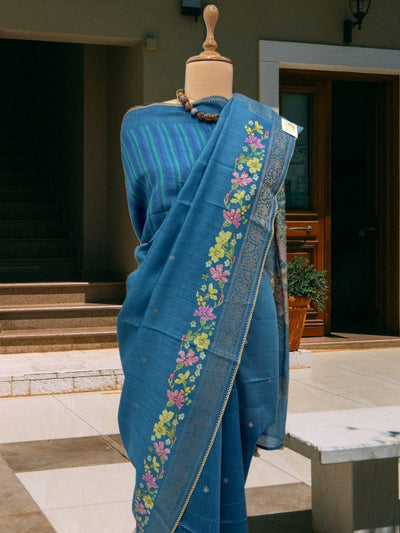 Kanishka Sky Blue Moonga Cotton Saree