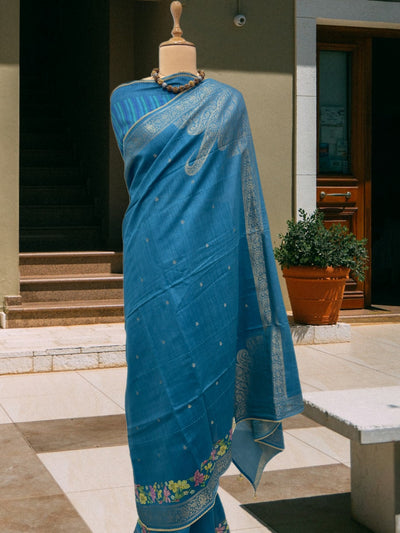 Kanishka Sky Blue Moonga Cotton Saree