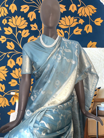 Jaganmohini Grey & Sky Blue Silk Saree