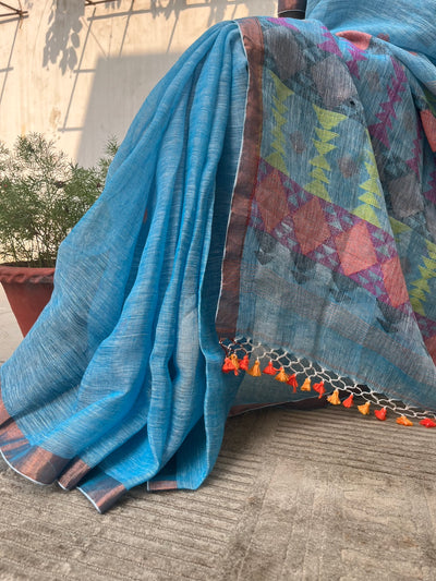 Maitri Sky Blue Linen Saree