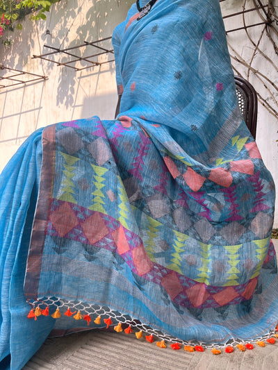 Maitri Sky Blue Linen Saree