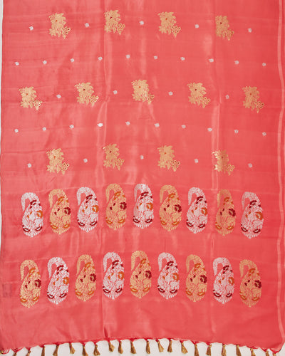 Falguni Coral Peach Boota Soft Silk Saree