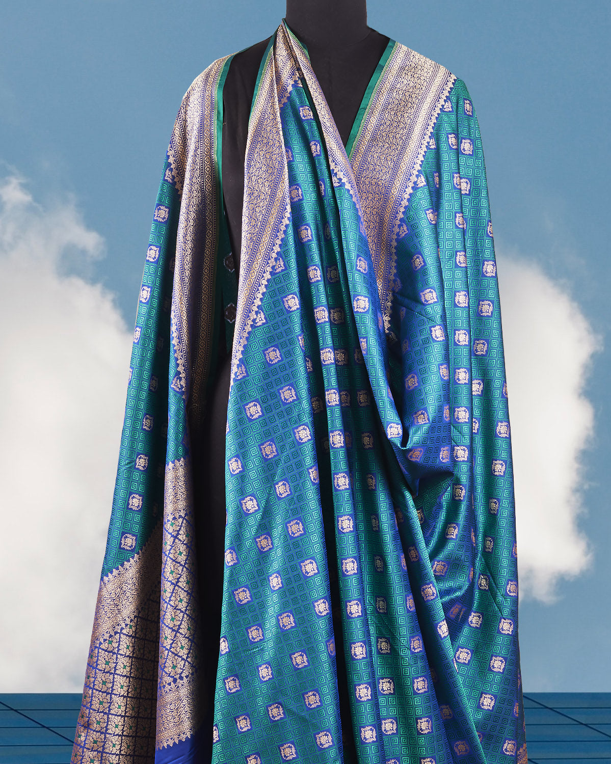 Peacock Blue summer Silk Sari