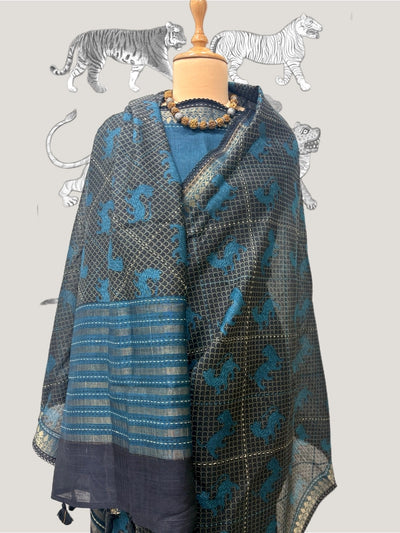 Bandhavgarh Teal Blue & Charcoal Moonga Cotton Saree