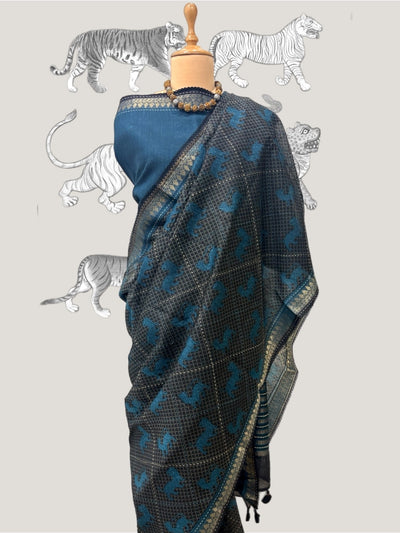 Bandhavgarh Teal Blue & Charcoal Moonga Cotton Saree