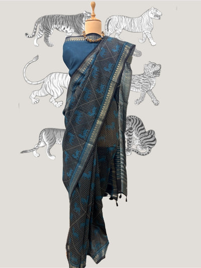 Bandhavgarh Teal Blue & Charcoal Moonga Cotton Saree