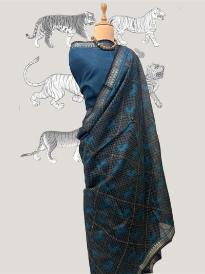 Bandhavgarh Teal Blue & Charcoal Moonga Cotton Saree