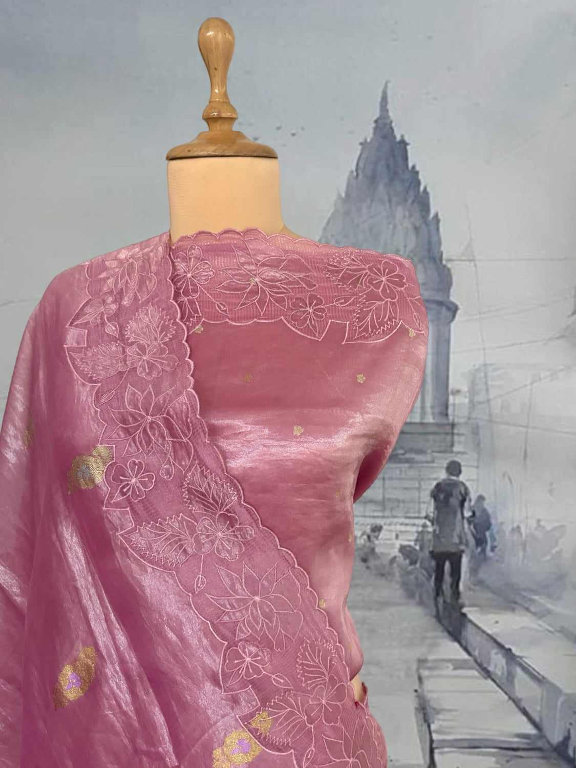 Tuscany Pink Embroidered Tissue Sari