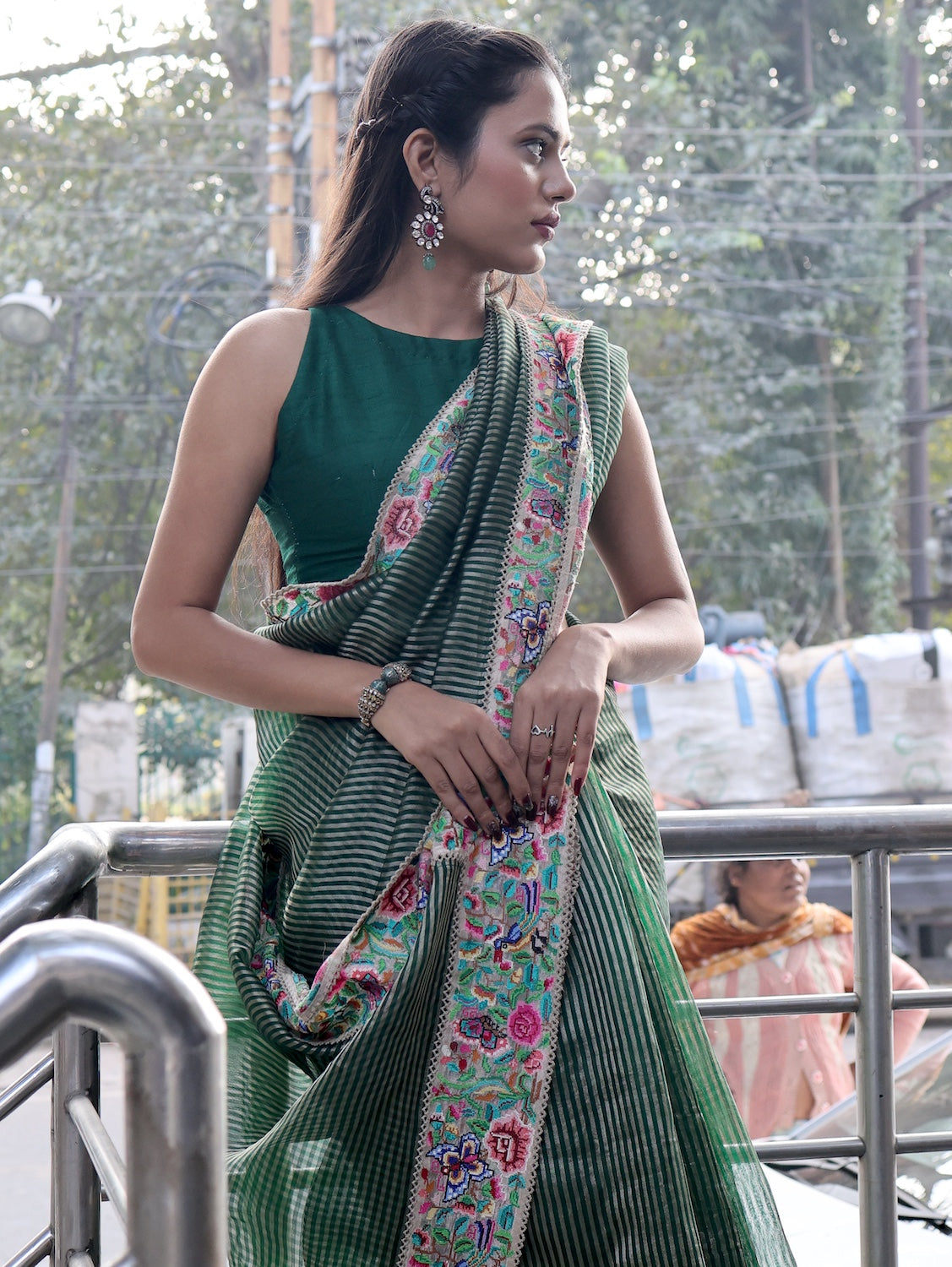 Zenobia Green Embroidered Saree