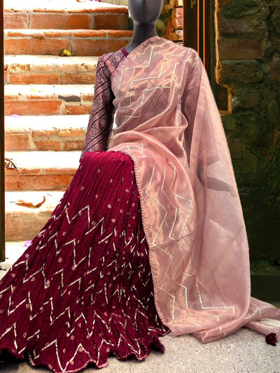 Pink Crinkled Lehenga dupatta Set