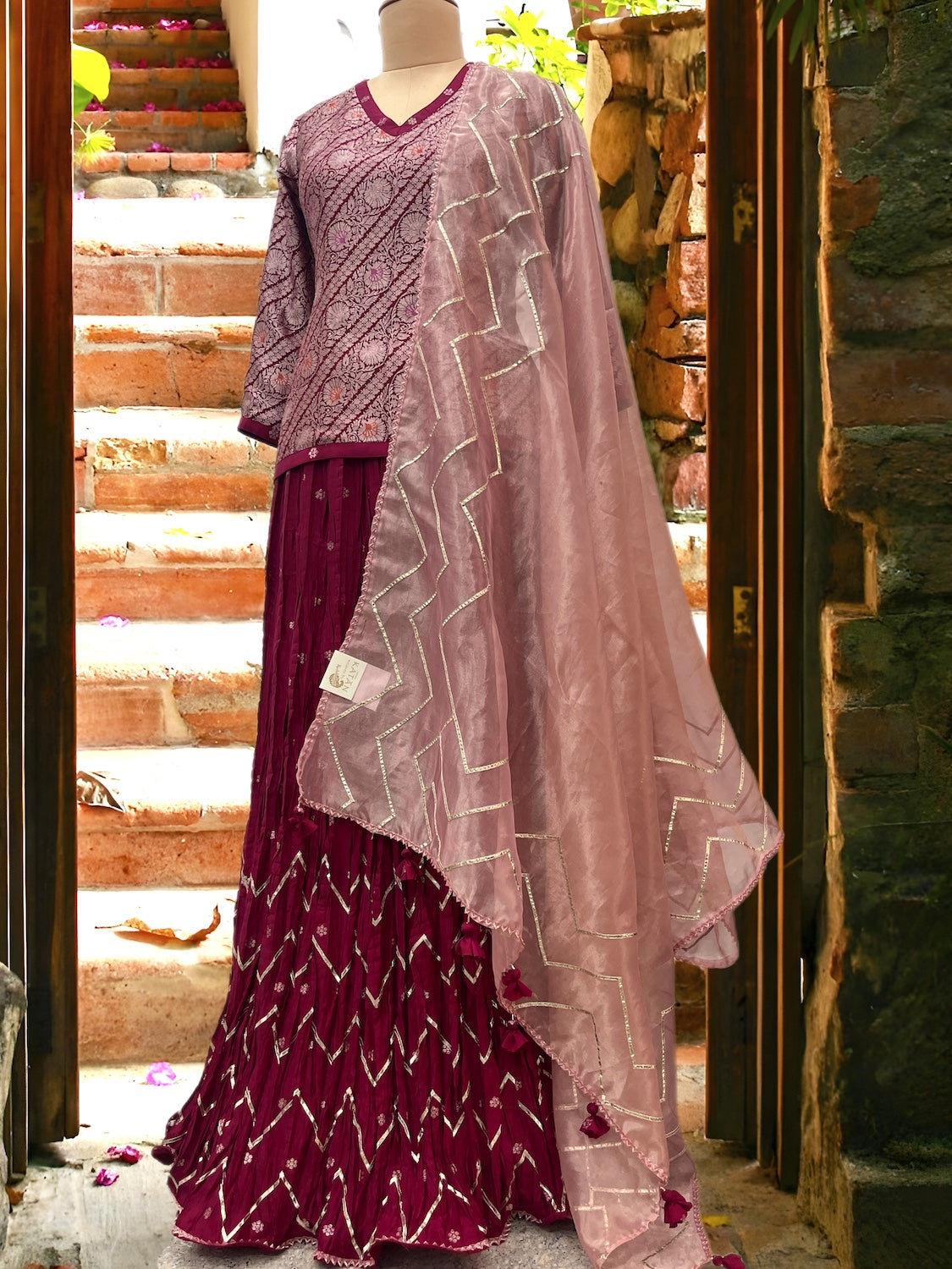 Pink Crinkled Lehenga dupatta Set