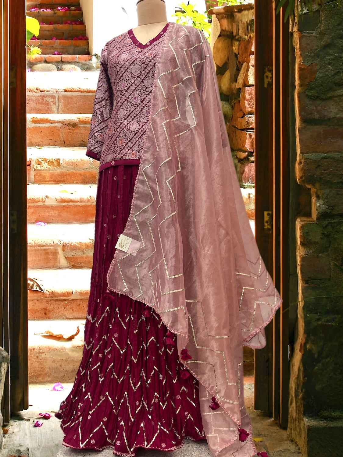 Pink Crinkled Lehenga Sari
