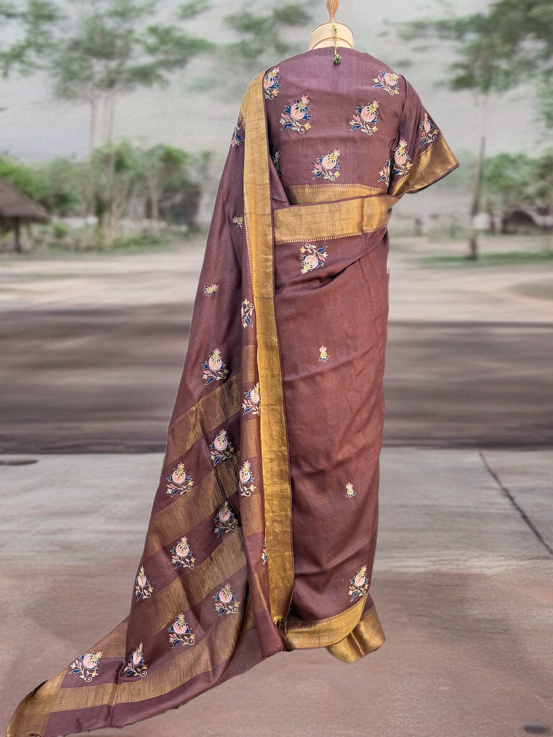 Nishat Bagh Brown Emroidered Tussar Saree
