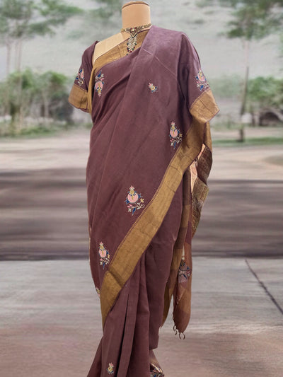 Nishat Bagh Brown Emroidered Tussar Saree