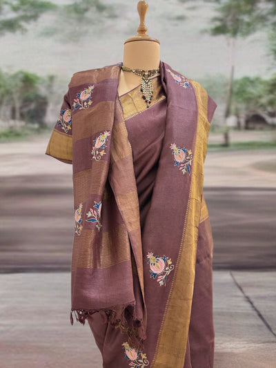 Nishat Bagh Brown Emroidered Tussar Saree