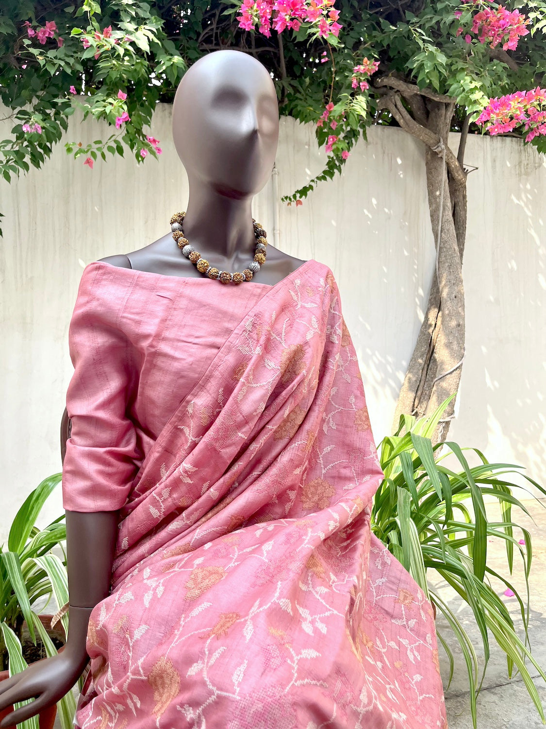 Carnation Pink Embroidered Tussar Saree