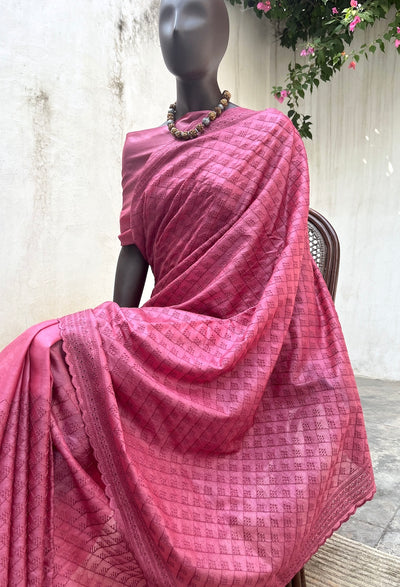 Rouge Pink Embroidered Tussar Saree