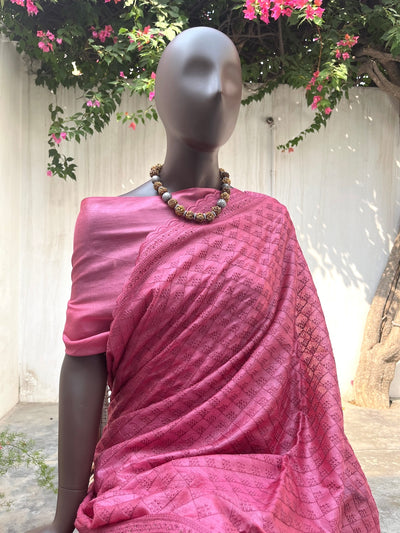 Rouge Pink Embroidered Tussar Saree