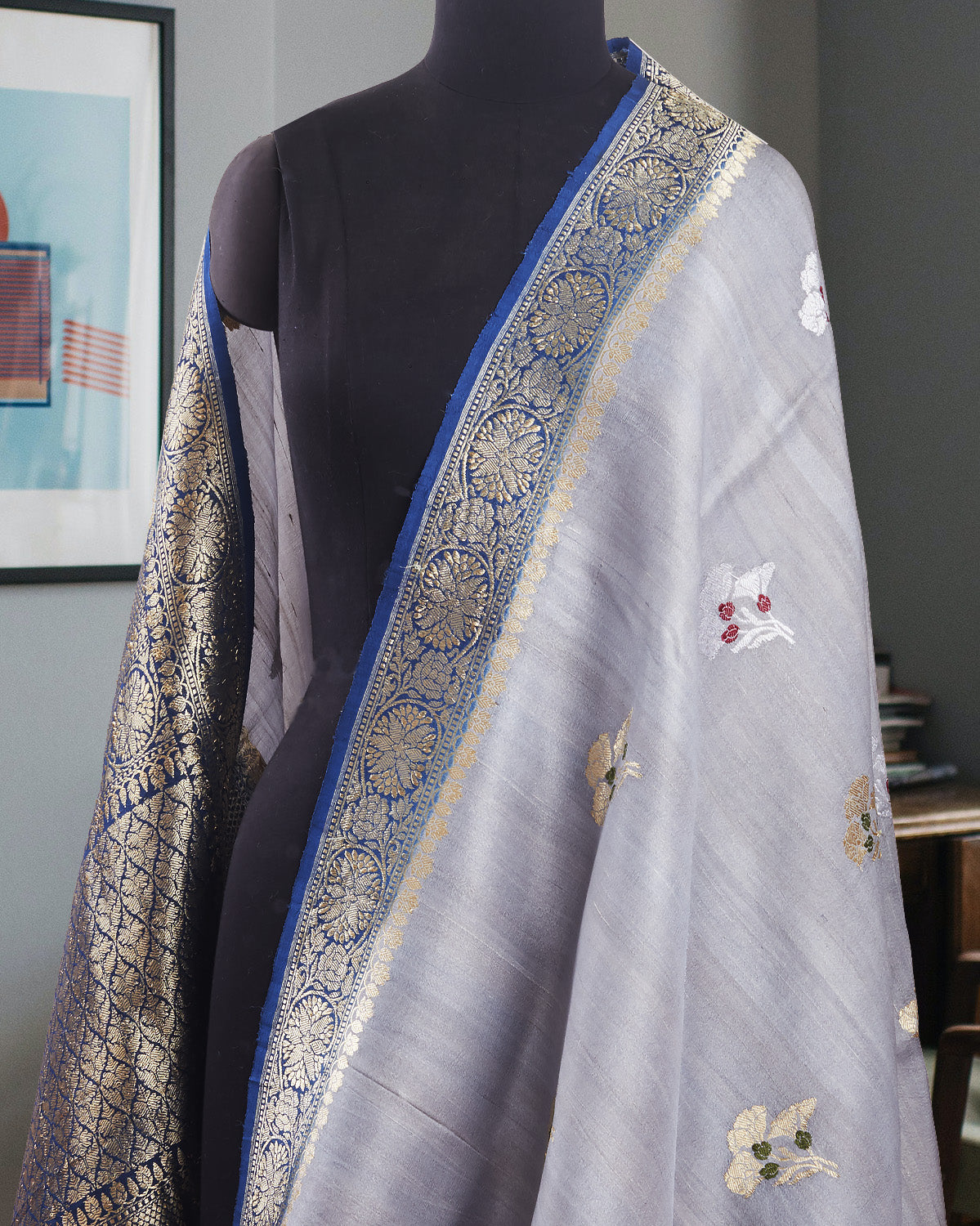 Water Hyacinth Blue Tussar Georgette Saree