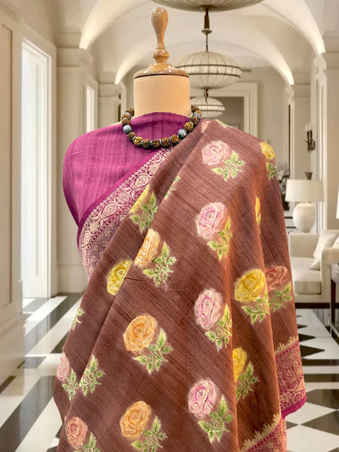 Meghapushpa Brick Brown Tussar Georgette Saree