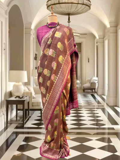Meghapushpa Brick Brown Tussar Georgette Saree