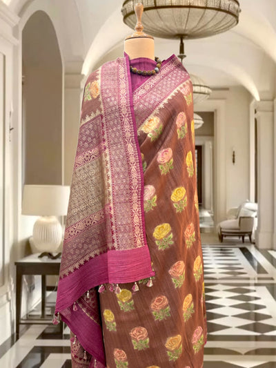 Meghapushpa Brick Brown Tussar Georgette Saree