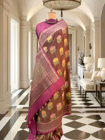 Meghapushpa Brick Brown Tussar Georgette Saree