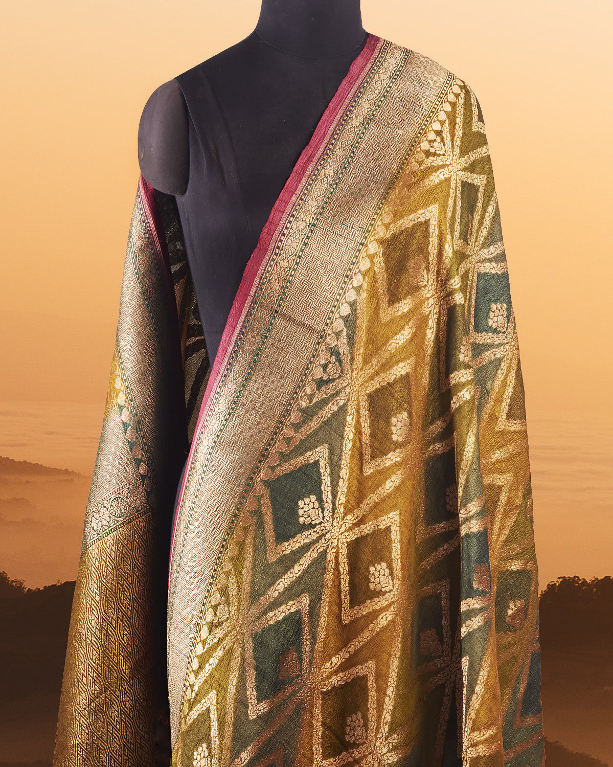 Gulafsha Mehendi and Burgundy Rangkaat Tussar Georgette Saree