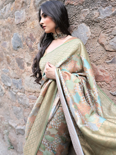 Namdroling Pista Green Rangkaat Tussar Georgette Saree