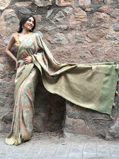 Namdroling Pista Green Rangkaat Tussar Georgette Saree