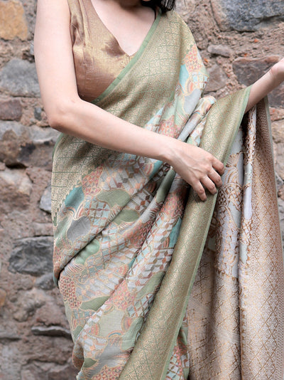 Namdroling Pista Green Rangkaat Tussar Georgette Saree
