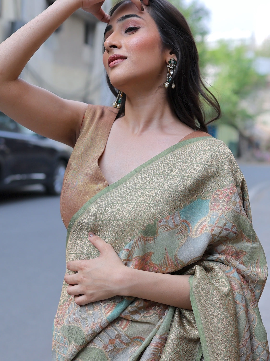 Namdroling Pista Green Rangkaat Tussar Georgette Saree