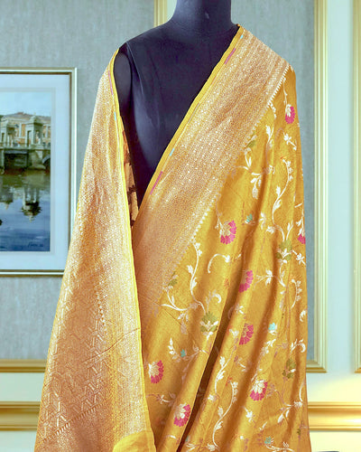 Konark Yellow mehandi Tussar Georgette Saree