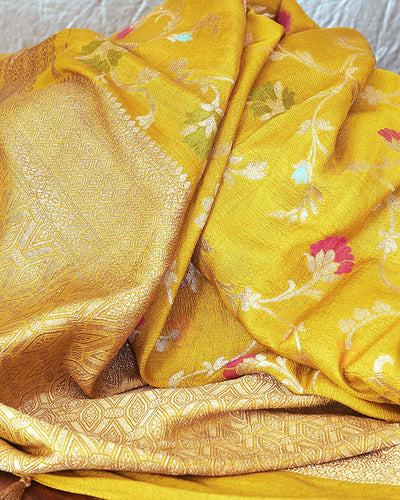 Konark Yellow mehandi Tussar Georgette Saree
