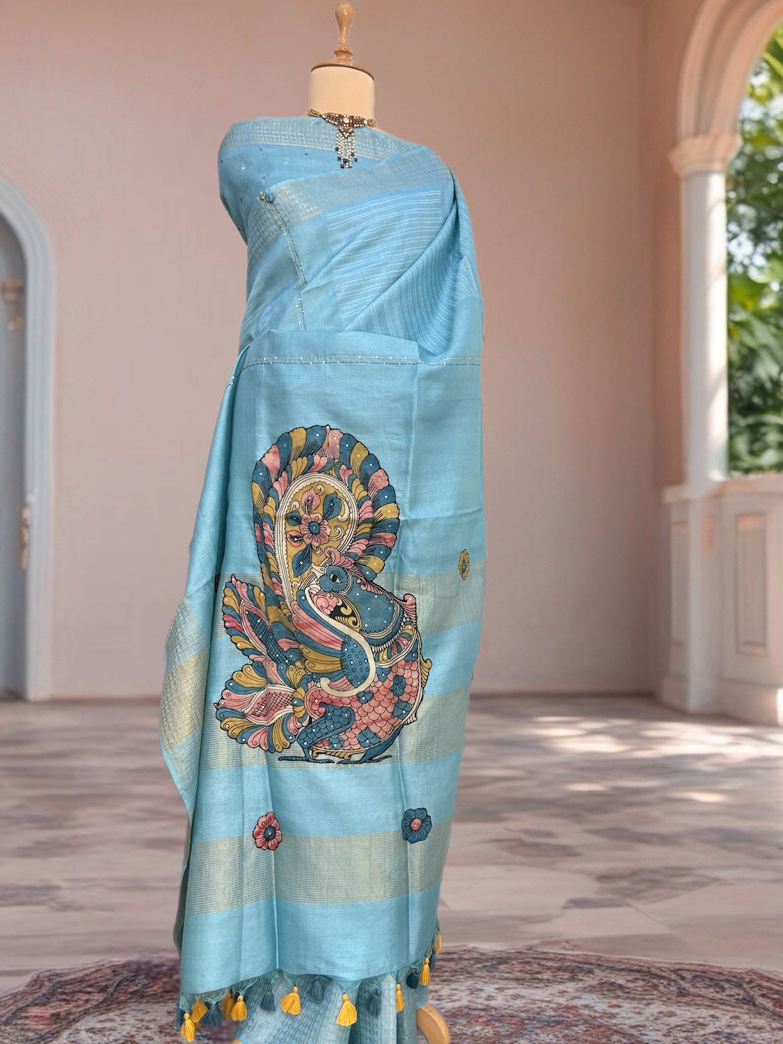 Nilima Sky Blue Kalamkari Tussar Saree