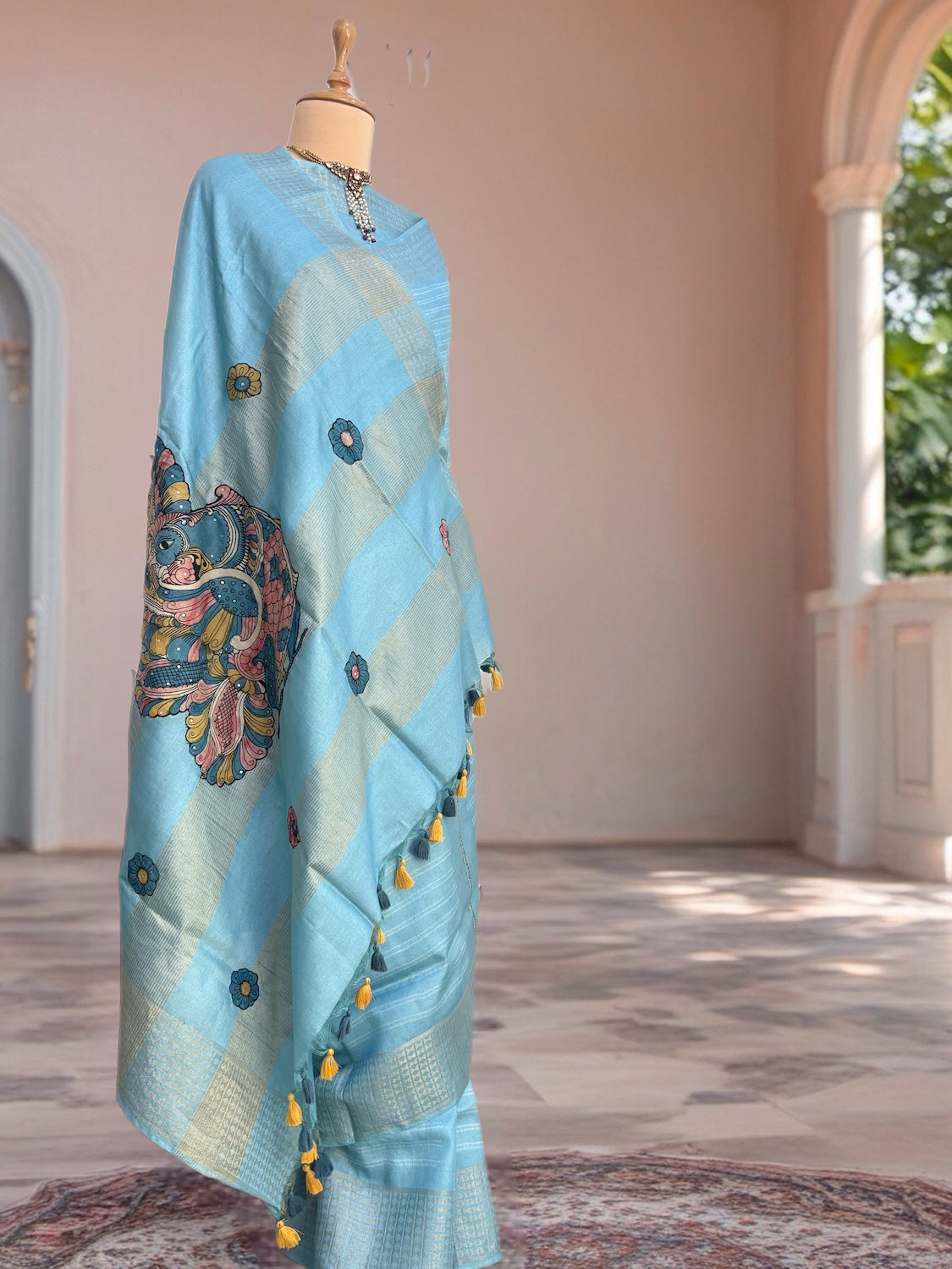 Nilima Sky Blue Kalamkari Tussar Saree