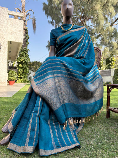 Ardha Chandra Teal Blue Raw Silk Saree